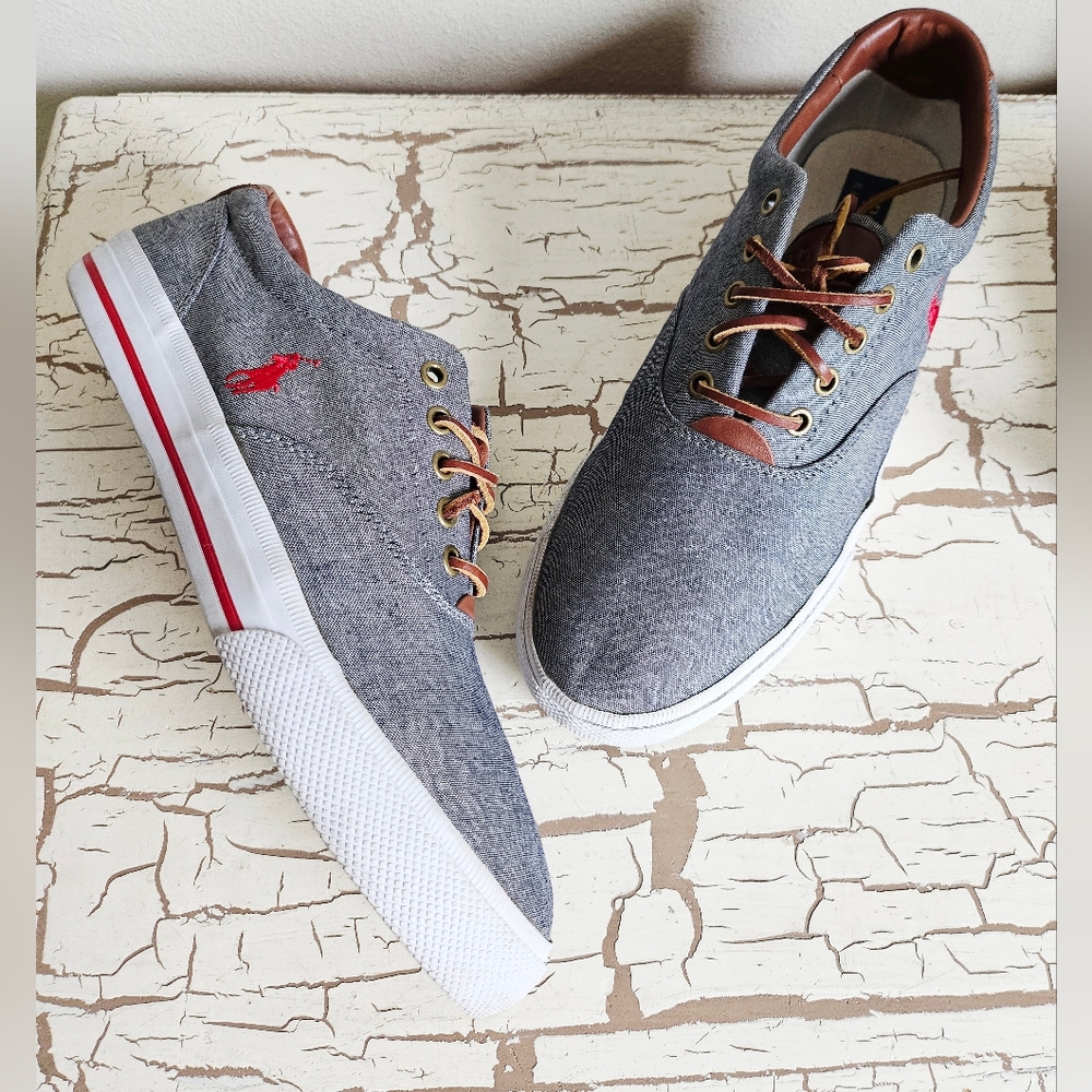 Polo Ralph Lauren Vaughn Mens Sneakers Chambray/Leather Shoes Size 10.5D Good